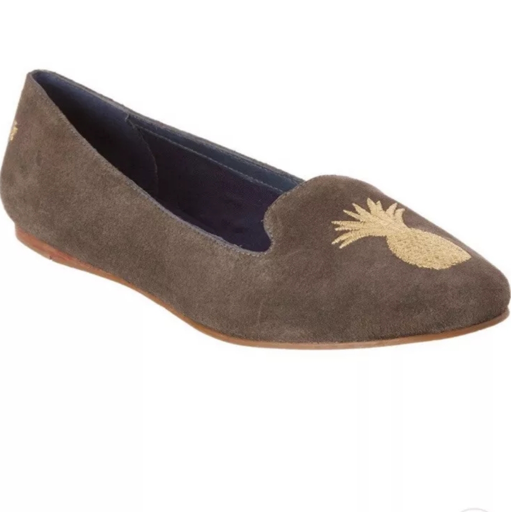 Jack Rogers Anice Grey/Gold Pineapple Suede Flat Loafer Size 6 M